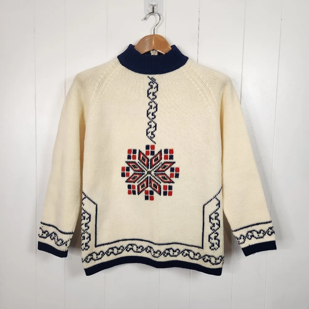 Vintage Fair Isle Nordic Ski Turtleneck Sweater Beige 1970s 1980s Size Small - Picture 3 of 10